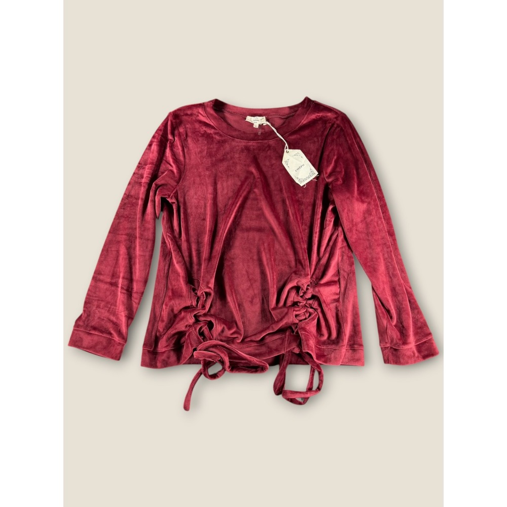 Entro Burgundy Velvet Cinched Tie Front Long Sleeve Top T8035 Small